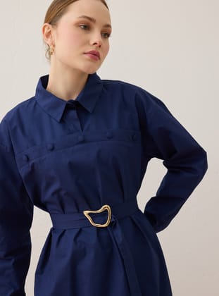 Poplin Kumaşlı Düğme Detaylı Tesettür Elbise - Lacivert - Benin Exclusive
