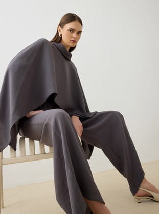 Modal Kumaşlı Asimetrik Kesim Tunik&Pantolon Takım - Antrasit - Refka - Exclusive