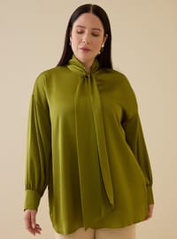 Alia Exclusive Yakası Bağlama Detaylı Büyük Beden Tunik Yağ Yeşili