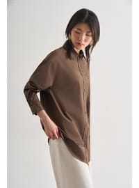 Premium Saf Pamuk Kahverengi Oversize Gömlek