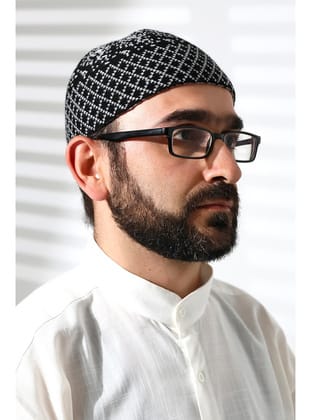 Kışlık Karyağdı Desenli Orlon Takke Siyah-Gri