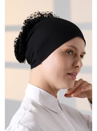 Fırfırlı Güpürlü Tesettür Topuz Bone - Siyah