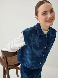 Baskı Detaylı Denim Yelek Lacivert