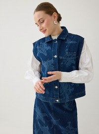 Baskı Detaylı Denim Yelek Lacivert