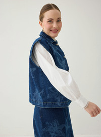 Baskı Detaylı Denim Yelek Lacivert