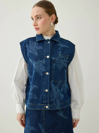 Baskı Detaylı Denim Yelek Lacivert