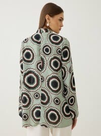 Keten Kumaşlı Düğmeli Kimono Yeşil Geometrik Desenli Refka
