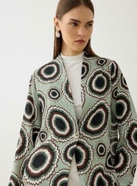 Keten Kumaşlı Düğmeli Kimono Yeşil Geometrik Desenli Refka