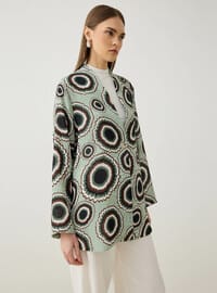 Keten Kumaşlı Düğmeli Kimono Yeşil Geometrik Desenli Refka