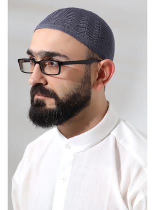 Koyu Gri Safir Dantel Detaylı Örme Namaz Takkesi Koyu Gri