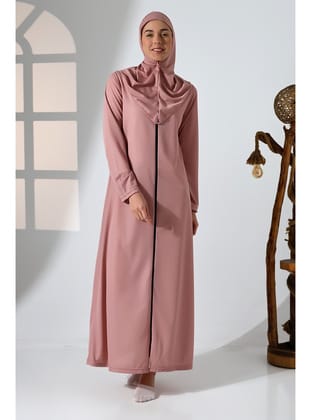Pembe Kadın Fermuarlı Tek Parça Kendinden Örtülü Namaz Elbisesi Pembe