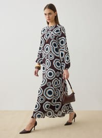 Keten Karışımlı Klasik Kesim Tesettür Elbise Kahverengi Desenli Refka