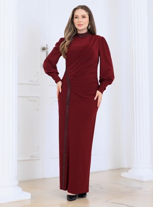 Eleni Tesettür Abiye Elbise - Bordo - Elben Moda