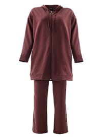 Büyük Beden Biye Detaylı Kapüşonlu Sweatshirt Pantolon İkili Takım Kızıl Kahve