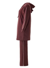 Büyük Beden Biye Detaylı Kapüşonlu Sweatshirt Pantolon İkili Takım Kızıl Kahve