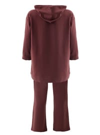 Büyük Beden Biye Detaylı Kapüşonlu Sweatshirt Pantolon İkili Takım Kızıl Kahve