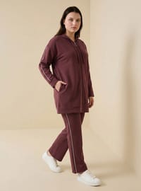 Büyük Beden Biye Detaylı Kapüşonlu Sweatshirt Pantolon İkili Takım Kızıl Kahve