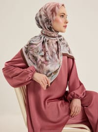 Kraşlı Pembe Gri Yaprak Desenli Eşarp Tuva