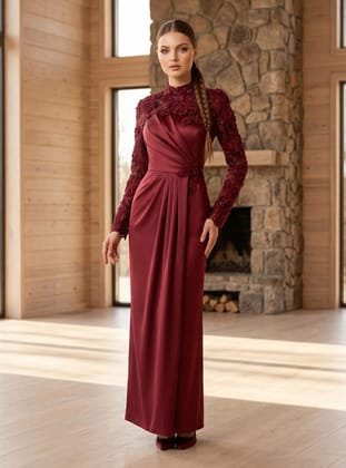 Tesettür Abiye Elbise - Bordo - Nurbanu Kural