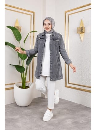 Kadın Boncuk İşlemeli Denim Kot Ceket