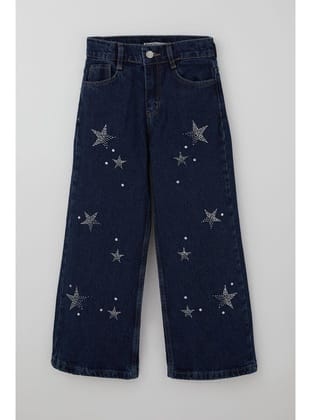 Breeze Kız Çocuk Jean Pantolon Taşlı Yıldız Aksesuarlı 5-9 Yaş, Koyu Mavi