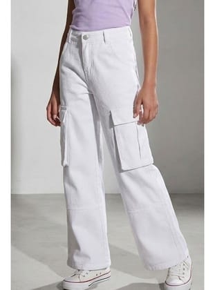 Escabel Kız Çocuk Gabardin Pantolon Kargo Cep Detaylı 10-14 Yaş, Beyaz