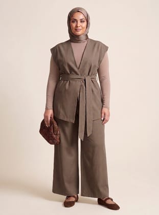 Kuşak Detaylı Kimono&Pantolon Keten Büyük Beden Takım - Toprak - Alia