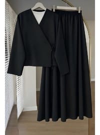 Siyah Yandan Bağlamalı Dabıl Kimono Etekli Takım