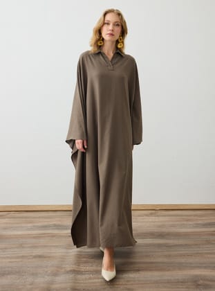 Yarasa Kollu Keten Kimono - Toprak - Refka
