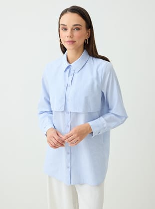 Pat Detaylı Çizgili Bluz / Gömlek - Mavi Çizgili - Benin