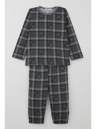 Breeze Erkek Bebek Pijama Takımı Dinozor Krallığı Ekose Desenli 9 Ay-3 Yaş, Gri