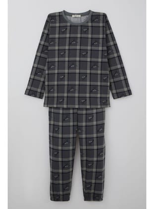 Breeze Erkek Çocuk Pijama Takımı Dinozor Krallığı Ekose Desenli 4-8 Yaş, Gri