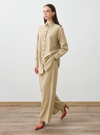 Gömlek&Pantolon Keten Kumaşlı İkili Takım - Koyu Bej - Refka