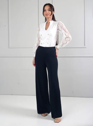 Kadın Beli Lastikli Likralı Sandy Kumaş Palazzo Pantolon - Lacivert - By Saygı