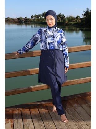 Estiva Blue Motion Tam Kapalı Croplu Pantolonlu Tesettür Mayo 