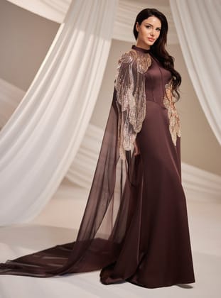 Zarifa Abiye Elbise - Kahverengi - Burak Baran Fashion