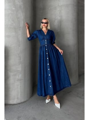 V Yaka Korsajlı Çıt Çıt Kapamalı Denim Elbise KOYU MAVİ 9254-E