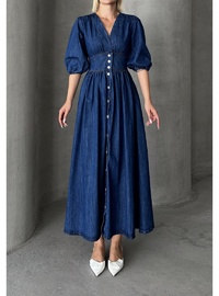 V Yaka Denim Elbise