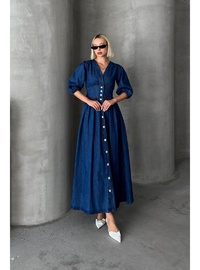 V Yaka Denim Elbise