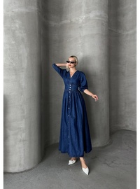 V Yaka Denim Elbise