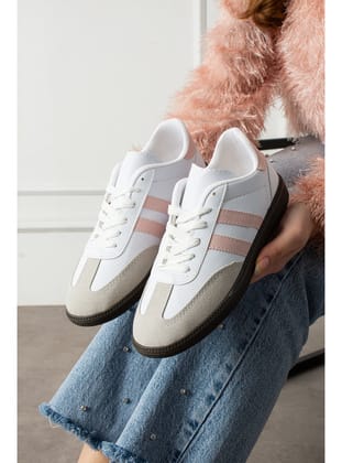 Beyaz Pudra Unisex Kadın Erkek Şeritli Rahat Taban Günlük Sneaker Spor Ayakkabı Sm03