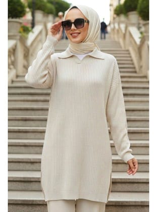 Krem Tesettür Triko Kazak 10921KR