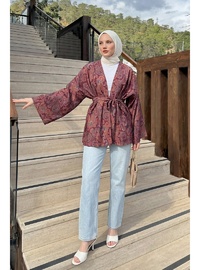 Şal Desen Kuşaklı Kimono Mürdüm