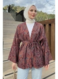 Şal Desen Kuşaklı Kimono Mürdüm