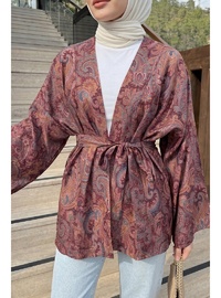 Şal Desen Kuşaklı Kimono Mürdüm