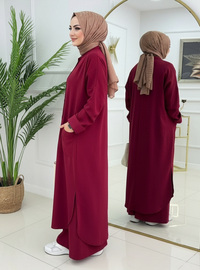 Salaş Tesettür Pantolonlu Paris Kumaş Takım - Bordo