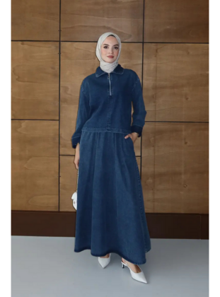 Etekli İkili Takım | Kot Denim Fermuarlı Üst & Uzun Etek