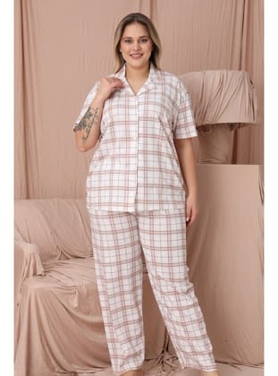 Mirano 4951 Kısa Kollu Süprem Kumaş Kareli Büyük Beden Düğmeli Kadın Pijama Takımı