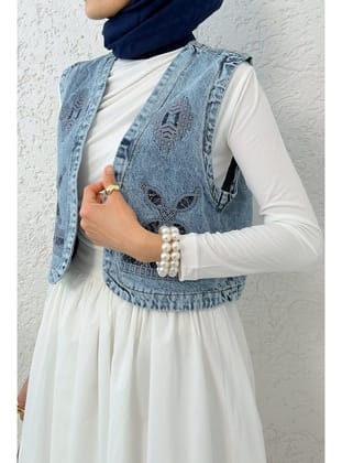 Nakışlı Denim Yelek 92030 - MAVİ