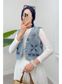 Nakışlı Denim Yelek Mavi